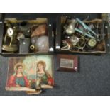 Two boxes of assorted items to include; two unframed German ecclesiastical prints, a small framed