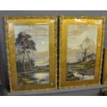 After D. Sherrin figures in a British countryside with cottage and lakes. Coloured prints. A pair,