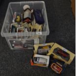 Plastic box containing assorted diecast model vehicles to include; Classic vehicles from Corgi, Days