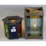 Victorian style stained glass and leaded four panelled hanging lantern light shade, together with
