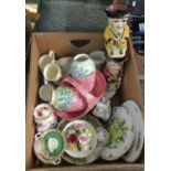 Box of mixed china to include; two floral design lustre vases and a matching basket by Maling,