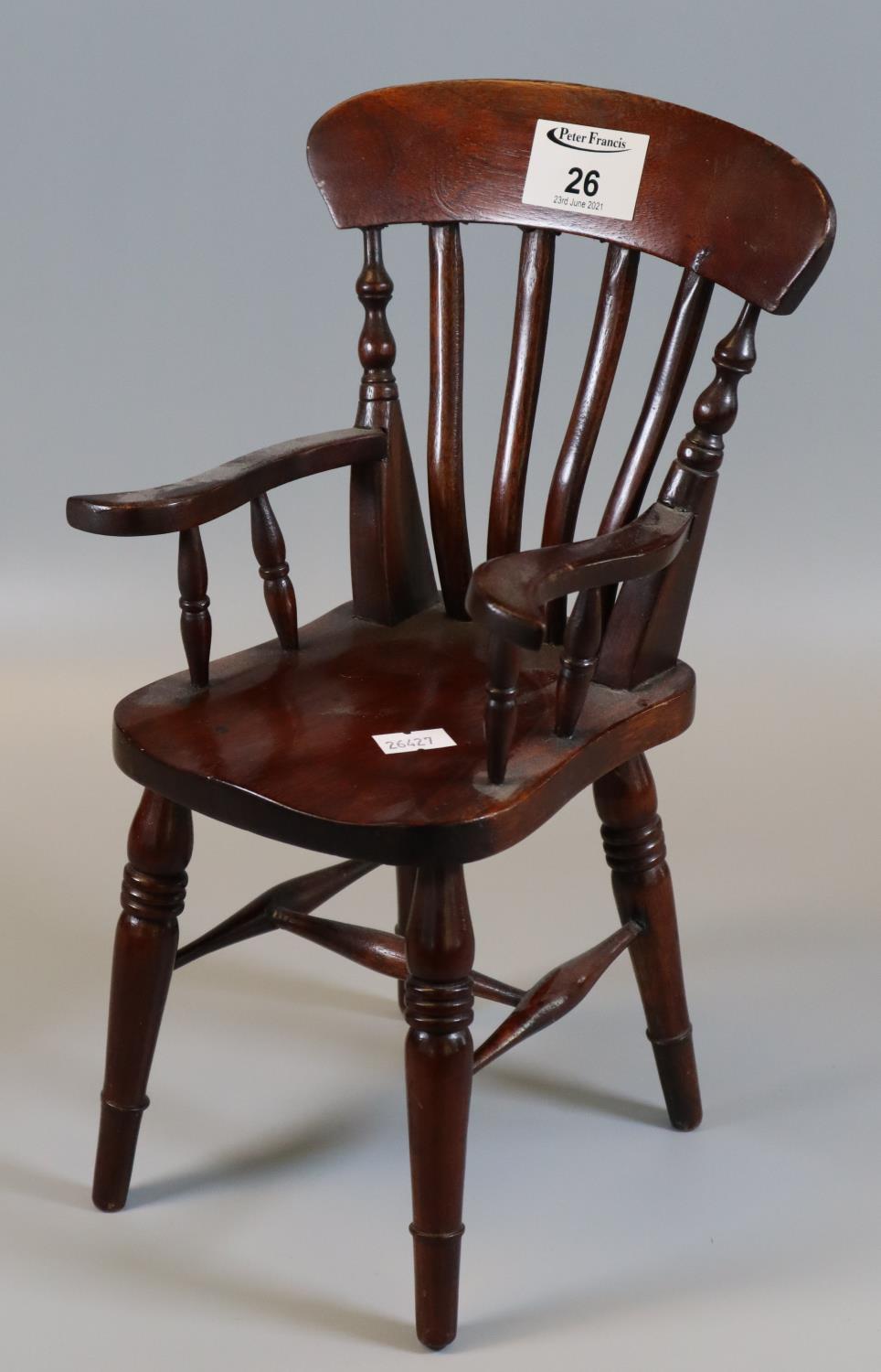 Possibly apprentice piece mahogany slat back open arm kitchen farmhouse chair, 19th Century