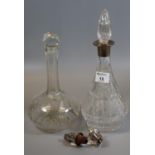 Conical design silver collared cut glass decanter and stopper, together with another cut glass