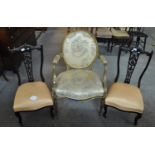 Pair of Edwardian stained bedroom chairs of low form, together with a French design gilded open