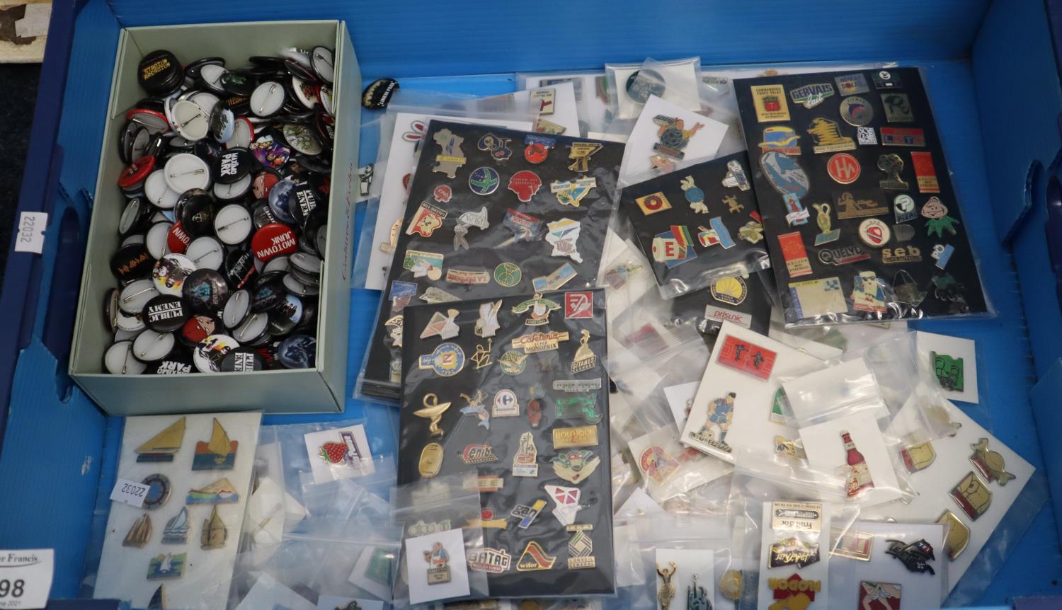 Large collection of badges to include; sports, food related, drinks, sailing ships etc. (B.P.