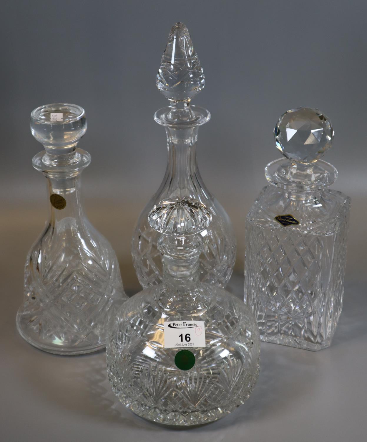 Four good quality cut glass decanters and stoppers of mallet shaped, square form etc, to include;