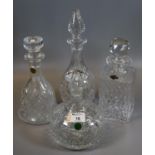 Four good quality cut glass decanters and stoppers of mallet shaped, square form etc, to include;