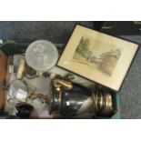 Box of assorted items to include; two lamp bases, one a black and gold urn design and the other