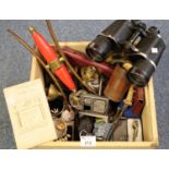 Wooden two handled box containing assorted items including; Zenith binoculars, costume jewellery,