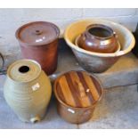 A collection of 19th Century Welsh dairy pans and stoneware items; flagon etc. (6) (B.P. 21% + VAT)