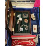 Jewellery box containing assorted costume brooches, earrings, watches, a marcasite necklace etc.