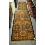 Two similar Middle Eastern design runners on red and brown ground with central panels of foliage and