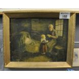 British school mother and child in interior. 19th century. Oils on board. Unsigned (B.P. 21% + VAT)