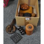 Small box of treen to include lidded boxes, back massager etc. (B.P. 21% + VAT)