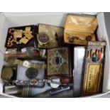 Box of oddments to include; silver plated cigarette case, ladies wristwatches, cufflinks, leather