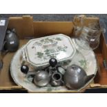 Tray of assorted items to include modern herb cutter, pewter teapot, glass water jug, oval meat