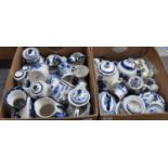 Two boxes of blue and white, hand painted, mostly Russian ceramics, some marked 'Shekma Gzhel',