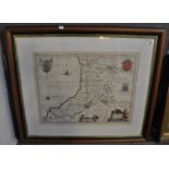 John Blaeu, original 18th Century map of Cardiganshire, 37.5 x 50cm approx. Sparsely coloured,