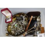 Plastic box of oddments to include; silver plated animals, loose plated cutlery, various charms,