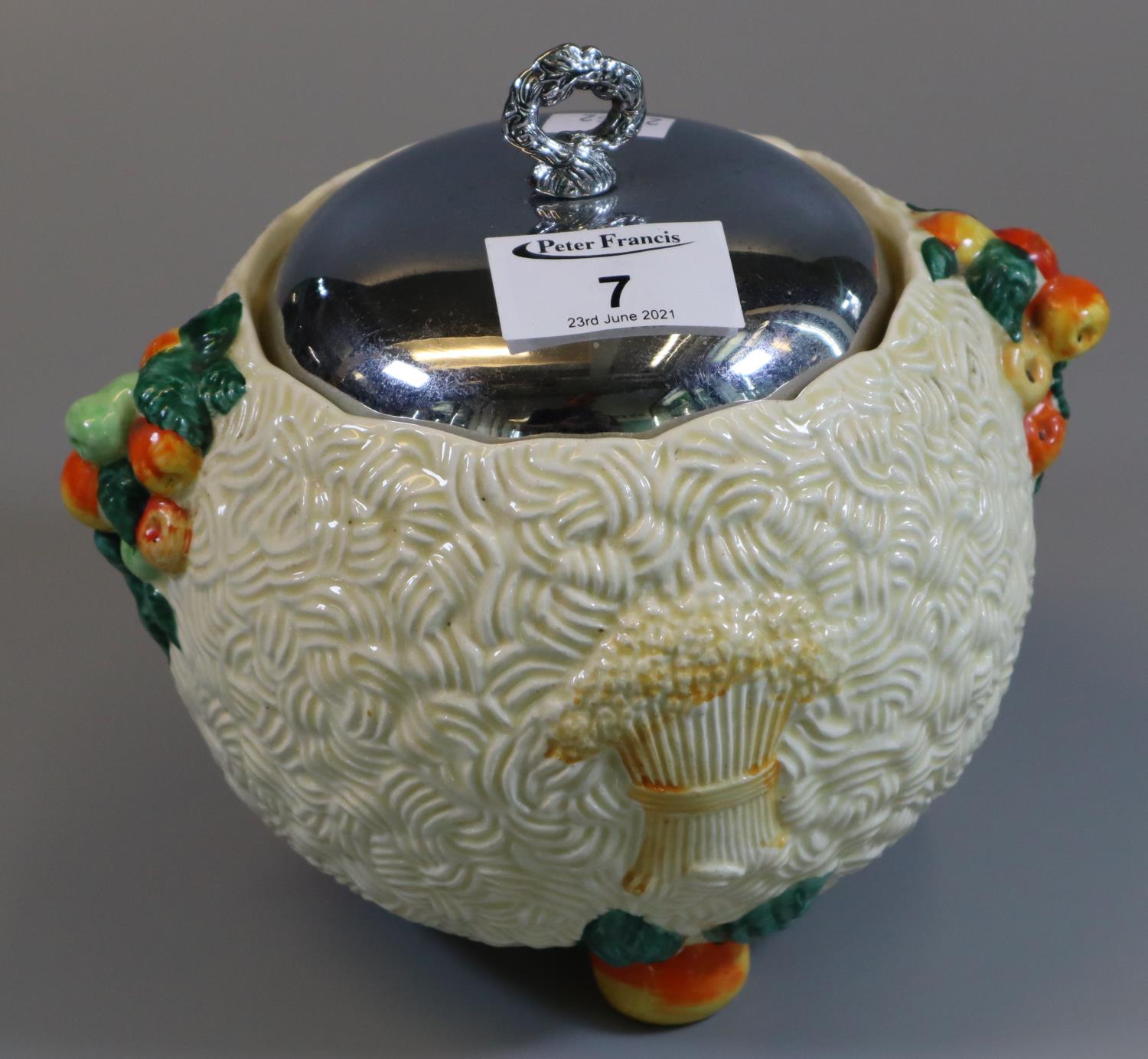 Clarice Cliff Newport pottery 'Celtic Harvest' design 62A lidded and plated sucrier. (B.P. 21% +