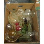Box of various glassware to include; a small cranberry glass jug, ribbed coloured glass jug, various