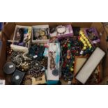Box containing assorted costume jewellery, watches, brooches, necklaces, coloured beads etc. (B.P.