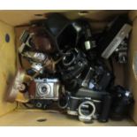 Box of assorted cameras and camera bodies to include; Minolta, Praktica, Fujica, Olympus, Yashica,
