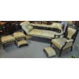Edwardian ebonised and upholstered parlour suite comprising; chaise longue, pair of side chairs