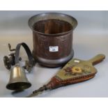 Art Nouveau design copper planter, together with a small pair of painted bellows and a brass wall