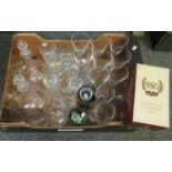 Box of assorted mostly clear glassware to include; various drinking vessels, wine glasses,