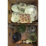 Box of mostly china to include; a John Derian butterfly design ginger jar and cover, a Villeroy &