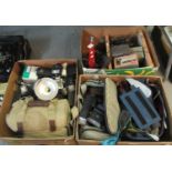 Three boxes of assorted cameras and camera equipment to include; various canvas camera bags, various