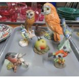 Tray of various bird ornaments to include; two barn owls; one Goebel West Germany 1975 and the other