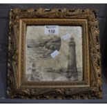 19th Century ceramic tile with printed decoration of American lighthouses within pierced gilt frame.