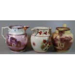 A group of three 19th century pink lustre, baluster-shaped jugs, one canary yellow, probably