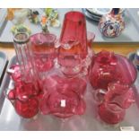 Tray of cranberry glass items to include; frilled jugs, bowls, various vases etc. (B.P. 21% + VAT)