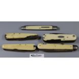 Four vintage bone pocket pen knives and a similar swiss army knife with steel blades. (B.P. 21% +