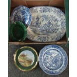 Box of assorted china to include; three Wedgwood Etruria leaf design relief decorated plates, two