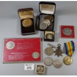 Bag of military ephemera and coins to include; The Defence Medal 1939-45 unnamed, World War I 1914