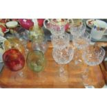 Tray of glassware to include; different coloured wine glasses with etched detail, cut glass drinking