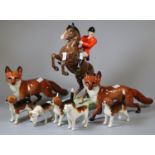 Part Beswick hunting group to include 868 'Rearing Horse and Huntsman' (AF), two foxes and five