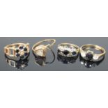 A 9ct gold sapphire and diamond ring, a 9ct bring (shank broken) and two 9ct gold sapphire and cz