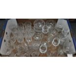 Box of glassware: a selection of cut glass whisky tumblers, four sherry glass with twisted stems,