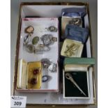 Collection of silver and costume jewellery including a Claddagh ring and a silver kilt pin. (B.P.