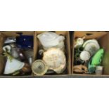 Three boxes of assorted items to include; Carlton Ware leaf design plate, art pottery jug, Mason's