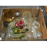 Box of various glassware to include; a small cranberry glass jug, ribbed coloured glass jug, various