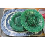 Tray of china to include; a Minton green relief decorated leaf design pedestal dish, four 19th