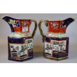 Pair of Mason's patent Ironstone china baluster shaped hexagonal section jugs with foliate gilded