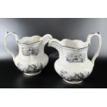 Two similar Swansea pottery Baker, Bevan & Irwin period black transfer printed pouch shaped baluster