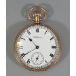 Waltham 9ct gold open faced key less lever gentleman's pocket watch with white enamel Roman face and